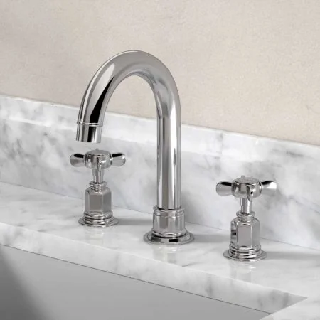 Linton Deck Mounted 3 Hole Basin Mixer with Swan Neck Spout - Crosshead