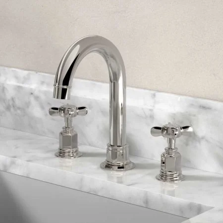 Linton Deck Mounted 3 Hole Basin Mixer with Swan Neck Spout - Crosshead - Nickel