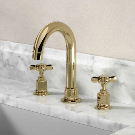 Linton Deck Mounted 3 Hole Basin Mixer with Swan Neck Spout - Crosshead - Timeless Brass