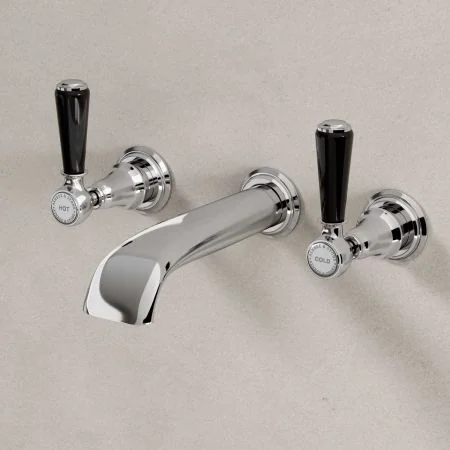 Linton Wall Mounted 3 Hole Basin Mixer - 175mm Spout - Black Lever - Chrome