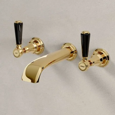 Linton Wall Mounted 3 Hole Basin Mixer - 175mm Spout - Black Lever - Brass