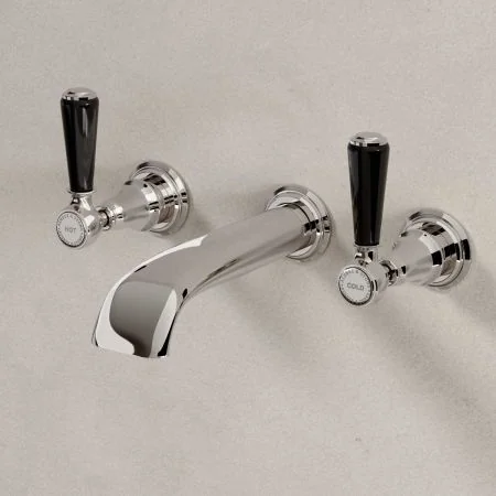 Linton Wall Mounted 3 Hole Basin Mixer - 175mm Spout - Black Lever - Nickel