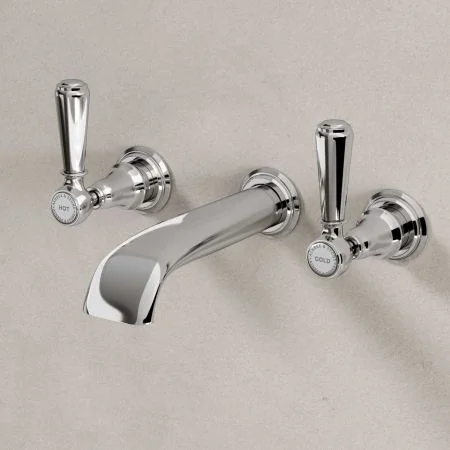 Linton Wall Mounted 3 Hole Basin Mixer - 175mm Spout - Metal Lever - Chrome