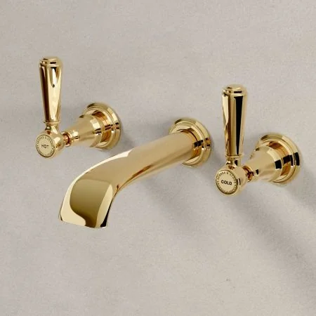 Linton Wall Mounted 3 Hole Basin Mixer - 175mm Spout - Metal Lever - Brass