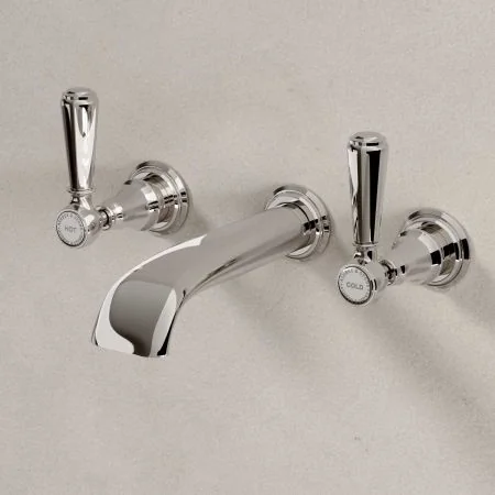 Linton Wall Mounted 3 Hole Basin Mixer - 175mm Spout - Metal Lever - Nickel