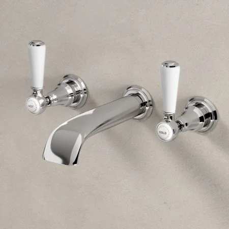 Linton Classic Wall Mounted 3 Hole Basin Mixer with White Levers in Chrome