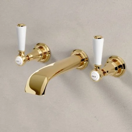 Linton Classic Wall Mounted 3 Hole Basin Mixer with White Levers in Living Brass