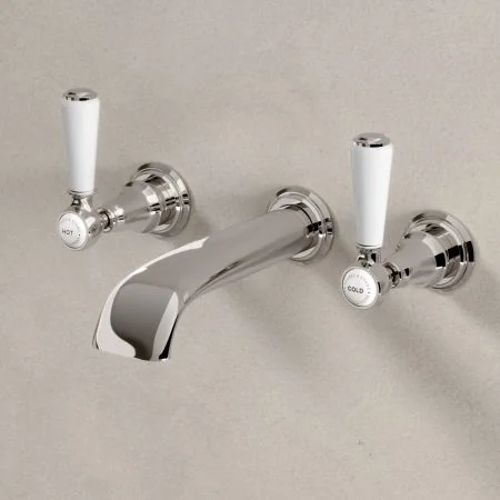 Linton Classic Wall Mounted 3 Hole Basin Mixer with White Levers in Polished Nickel