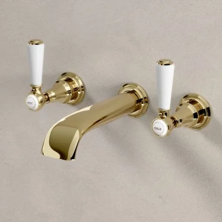 Linton Classic Wall Mounted 3 Hole Basin Mixer with White Levers in Timeless Brass