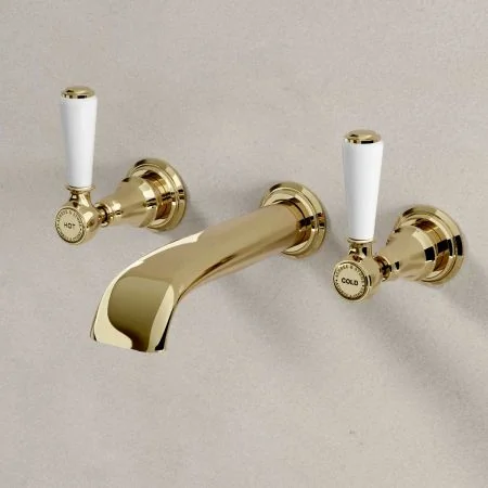 Linton Wall Mounted 3 Hole Basin Mixer - 175mm Spout - White Lever - Timeless Brass