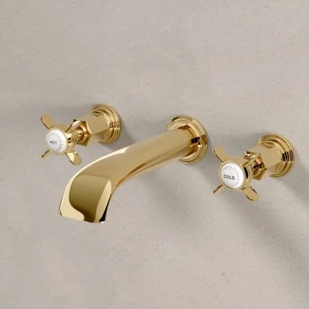 Linton Classic Wall Mounted 3 Hole Basin Mixer with Crossheads in Living Brass