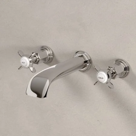 Linton Classic Wall Mounted 3 Hole Basin Mixer with Crossheads in Polished Nickel