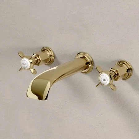 Linton Classic Wall Mounted 3 Hole Basin Mixer with Crossheads in Timeless Brass