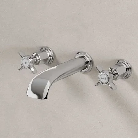 Linton Wall Mounted 3 Hole Basin Mixer - 175mm Spout - Crosshead - Chrome