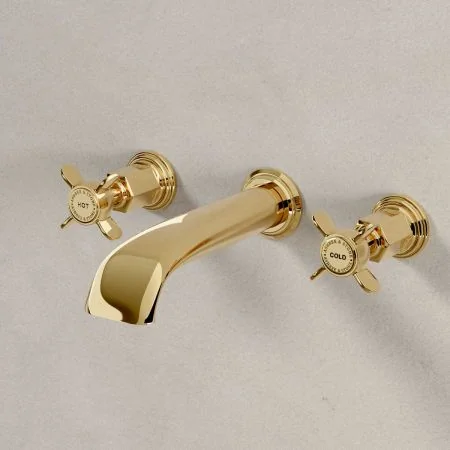 Linton Wall Mounted 3 Hole Basin Mixer - 175mm Spout - Crosshead - Brass