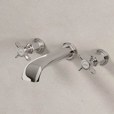 Linton Wall Mounted 3 Hole Basin Mixer - 175mm Spout - Crosshead - Nickel
