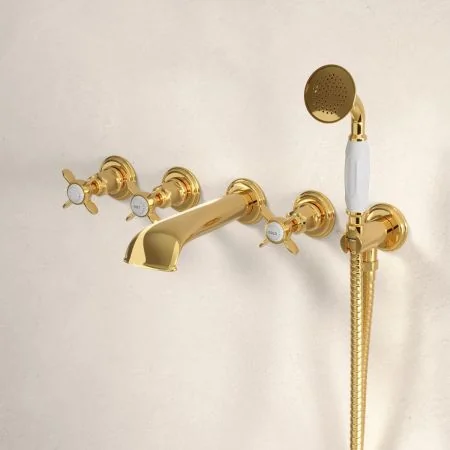 Linton Classic 5-Hole - Wall Mounted - Bath Shower Mixer - X Top - Living Brass