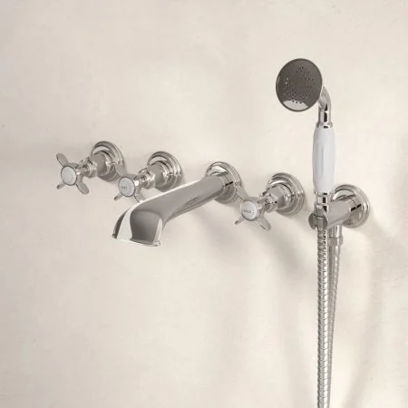 Linton Classic 5 Hole Bath Shower Mixer with Crossheads in Polished Nickel