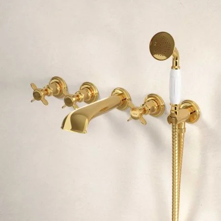 Linton 5-Hole - Wall Mounted - Bath Shower Mixer - X Top - Living Brass