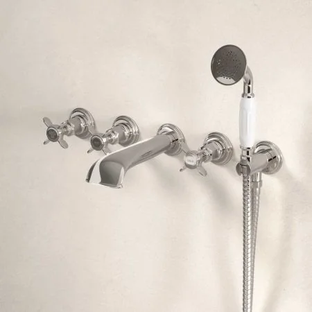 Linton Wall Mounted 5 Hole Bath Shower Mixer - Crosshead - Polished Nickel