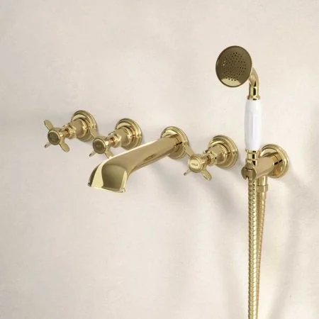 Linton Wall Mounted 5 Hole Bath Shower Mixer - Crosshead - Timeless Brass