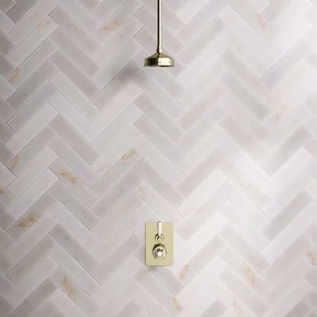 Linton Classic Single Outlet Concealed Shower with 210mm Ceiling Arm, 6" Rose & White Levers in Timeless Brass