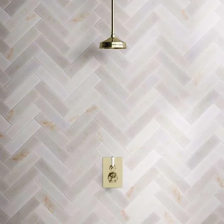 Linton Single Outlet Concealed Shower with 210mm Ceiling Arm & 8" Rose - White Lever - Timeless Brass