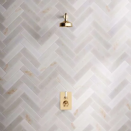 Linton Single Outlet Concealed Shower with 500mm Wall Arm & 6" Rose - White Lever - Living Brass