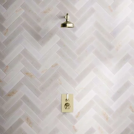 Linton Single Outlet Concealed Shower with 500mm Wall Arm & 6" Rose - White Lever - Timeless Brass