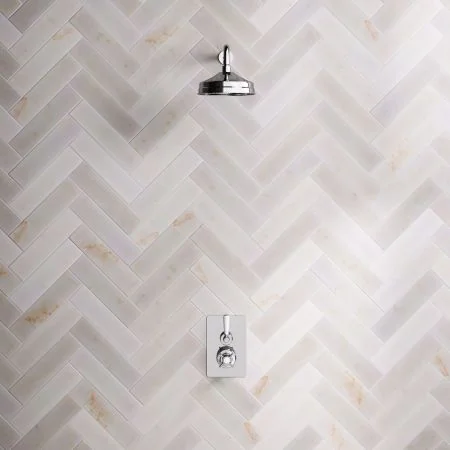 Linton Classic Single Outlet Concealed Shower with 500mm Wall Mounted Arm, 8" Rose & White Levers in Chrome