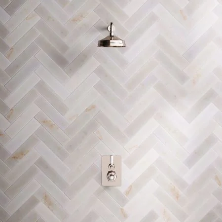 Linton Classic Single Outlet Concealed Shower with 500mm Wall Mounted Arm, 8" Rose & White Levers in Polished Nickel