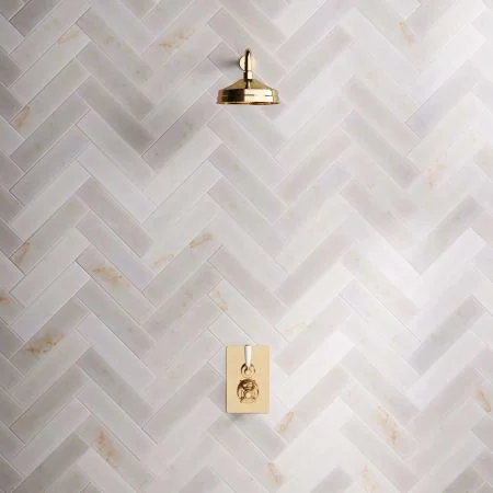 Linton Single Outlet Concealed Shower with 500mm Wall Arm & 8" Rose - White Lever - Living Brass