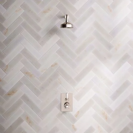 Linton Classic Single Outlet Concealed Shower with 300mm Wall Mounted Arm, 6" Rose & White Levers in Polished Nickel