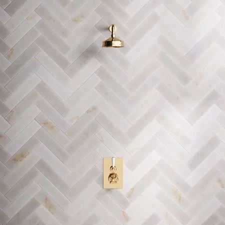 Linton Single Outlet Concealed Shower with 300mm Wall Arm & 6" Rose - White Lever - Living Brass
