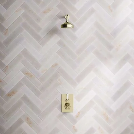 Linton Single Outlet Concealed Shower with 300mm Wall Arm & 6" Rose - White Lever - Timeless Brass