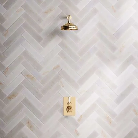 Linton Single Outlet Concealed Shower with 300mm Wall Arm & 8" Rose - White Lever - Living Brass