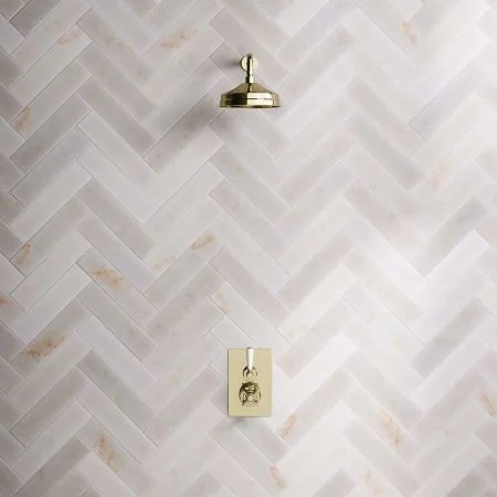 Linton Single Outlet Concealed Shower with 300mm Wall Arm & 8" Rose - White Lever - Timeless Brass