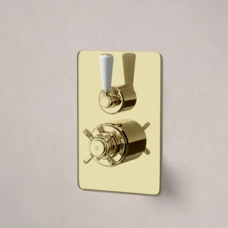 Linton Single Outlet Concealed Shower with 210mm Ceiling Arm & 6" Rose - White Lever - Timeless Brass