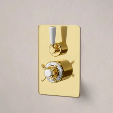 Linton Classic Single Outlet Concealed Shower with 210mm Ceiling Arm & 6" Rose - White Lever & Ceramics - Living Brass