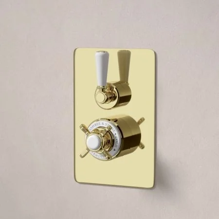 Linton Classic Single Outlet Concealed Shower with 500mm Wall Arm & 6" Rose - White Lever & Ceramics - Timeless Brass