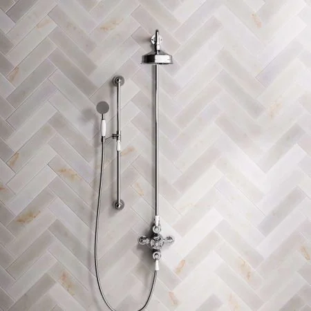 Linton Dual Outlet Shower Kit - Exposed Valve - 8 or 6 inch Rose - White Ceramic Lever - Handshower Mounted on Riser-Rail