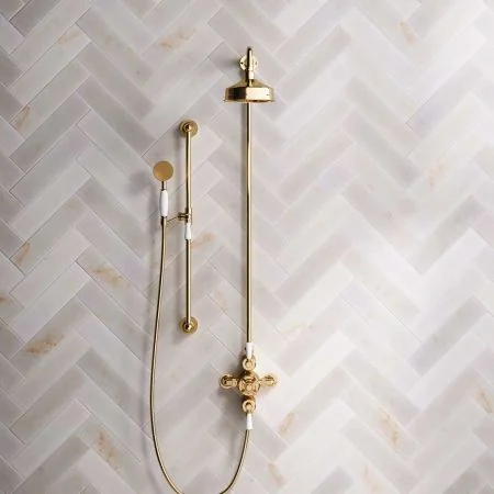 Linton Dual Outlet Shower Kit - Exposed Valve - 6 inch Rose - White Ceramic Lever - Handshower Slider-Rail - Living Brass