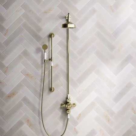 Linton Dual Outlet Shower Kit - Exposed Valve - 6 inch Rose - White Ceramic Lever - Handshower Slider-Rail - Timeless Brass