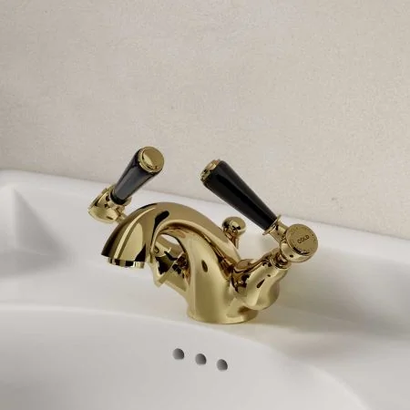 Linton Deck Mounted Monobloc Basin Mixer with Pop Up Waste - Black Lever - Timeless Brass