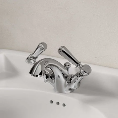 Linton Deck Mounted Monobloc Basin Mixer with Pop Up Waste - Metal Lever - Chrome
