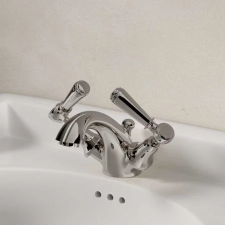 Linton Deck Mounted Monobloc Basin Mixer with Pop Up Waste - Metal Lever - Polished Nickel