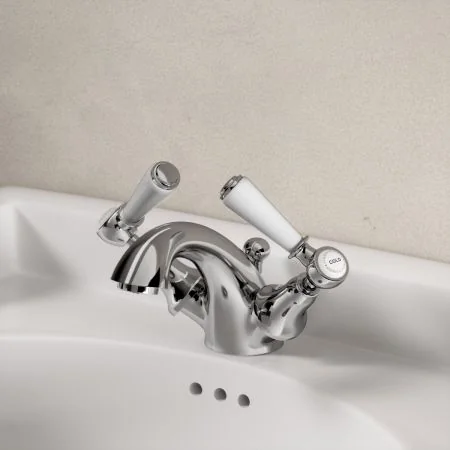 Linton Classic Monobloc Basin Mixer with Pop Up Waste & White Levers - Chrome