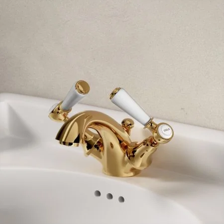 Linton Classic White Lever Monobloc Basin Mixer Living Brass