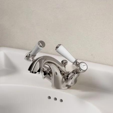 Linton Classic Monobloc Basin Mixer with Pop Up Waste & White Levers - Polished Nickel