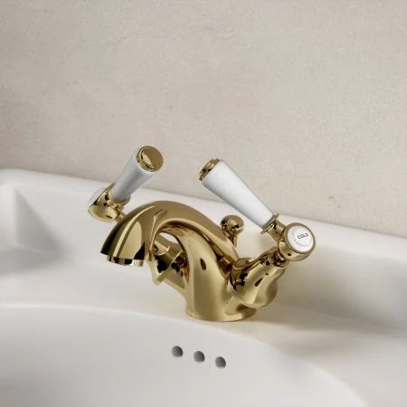 Linton Classic Monobloc Basin Mixer with Pop Up Waste & White Levers - Timeless Brass
